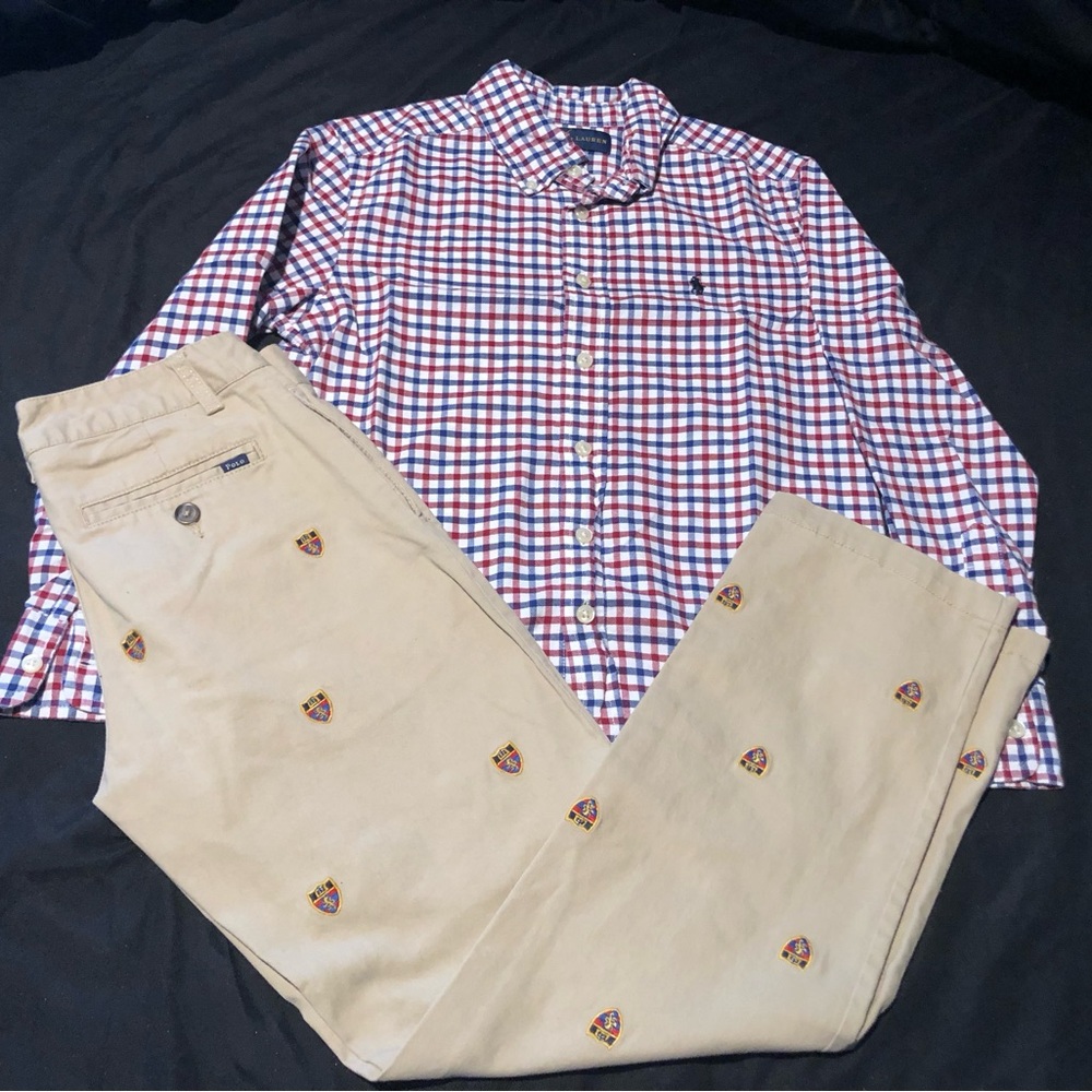 Ralph Lauren Red and Blue Plaid Button Down with Khaki Logo Pants for Boys